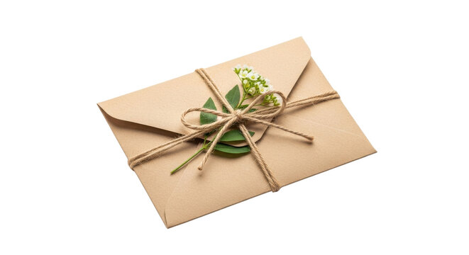 Kraft paper envelope tied with twine and decorated with green leaves and white flowers brown, Isolated On Png Transparent Background