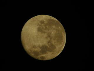 Detailed close-up view of a yellow waxing crescent moon with visible craters against a dark black sky