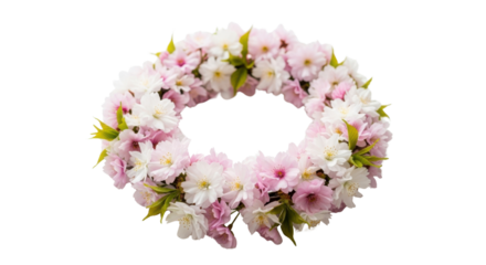 Pink and white cherry blossom flower wreath on black background image, Isolated On Png Transparent Background