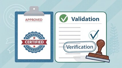 A certificate is shown with a stamp of approval and a stamp of validation