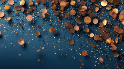 A vibrant display of scattered copper coins against a deep blue background, creating a dynamic visual effect with sparkling highlights.