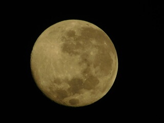 Detailed close-up view of a yellow waxing crescent moon with visible craters against a dark black sky
