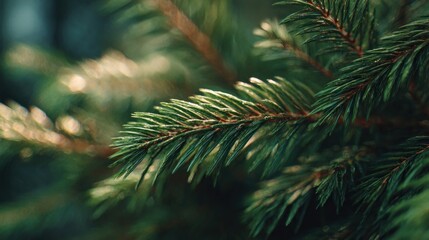 Obraz premium A close-up of a green pine branch, showcasing its needle-like leaves and a soft focus background, highlighting the beauty of nature.