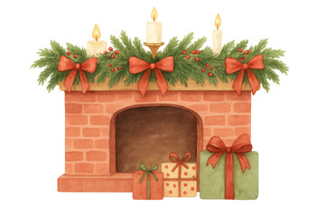 Obraz premium Christmas fireplace decorated with festive fir garland, burning candles, bows, and holiday presents arranged below, transparent background