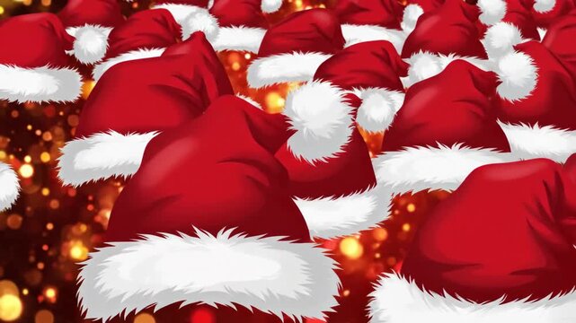 Red santa hats festive holiday background with bokeh effect