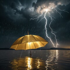 A yellow umbrella is floating in the water next to a lake
