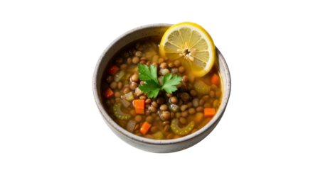 Bowl of lentil soup with carrots celery lemon slice and parsley garnish food meal, Isolated On Png Transparent Background