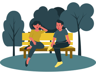 Couple people having a conversation while sitting on a park bench. Modern urban life vector illustration. Flat illustration concept.