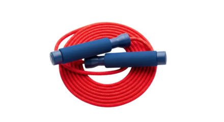 Red jump rope with blue handles coiled on a black background skipping exercise, Isolated On Png Transparent Background