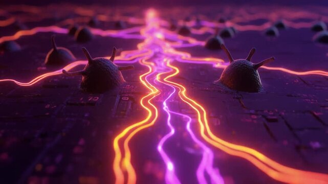 Macro cinematography of growing digital neural pathways. Plasma energy filaments connect data nodes with heat map colors. Neon magenta active tips against cool violet background. Shallow focus on grow