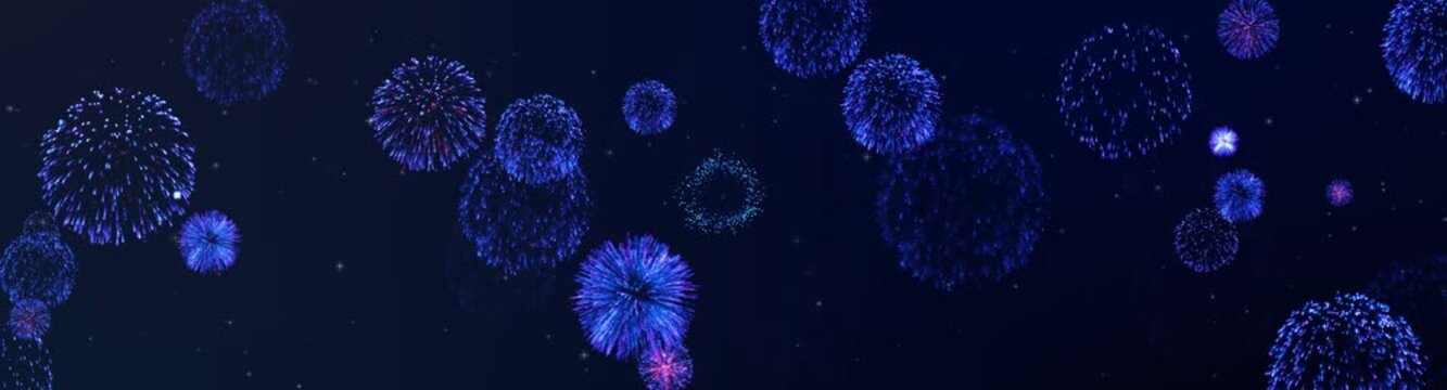 Blue fireworks burst celebration. Fireworks soar with bokeh lights in the night. Glowing fireworks show. Digitally generated video for Christmas, New Year, celebration, party, tradition concept.