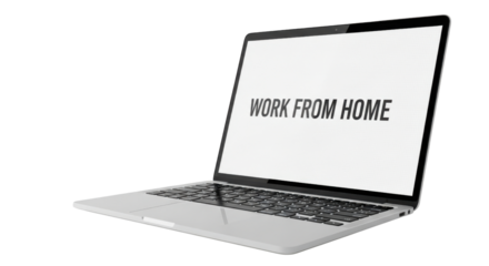 Silver laptop displaying W O R K F R O M H O M E text on white screen against black computer technology, Isolated On Png Transparent Background
