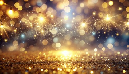 Obraz premium Golden Glitter and Bokeh Lights Background for Festive Celebrations.