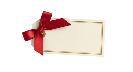 Cream gift tag with red satin ribbon bow and gold border on black label blank, Isolated On Png Transparent Background