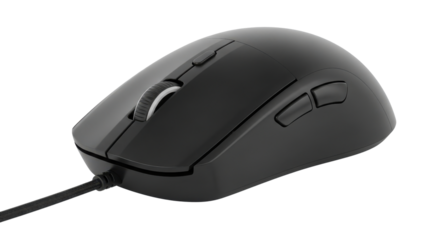 Black computer mouse with scroll wheel and side buttons on black background technology device, Isolated On Png Transparent Background