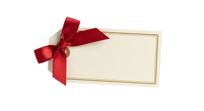 Cream gift tag with red satin ribbon bow and gold border on black label blank, Isolated On Png Transparent Background - Powered by Adobe