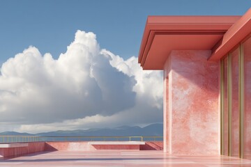 Fototapeta premium Modern pink terrace overlooks mountains under a cloudy sky.