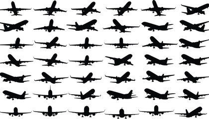 Black Silhouette Collection of Commercial Airliners and Passenger Jet Airplanes, Set of Many Different Takeoff and Landing Poses for Travel and Aviation Concepts