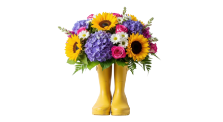 Vibrant flower bouquet in yellow rain boots against black background image, Isolated On Png Transparent Background