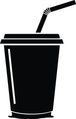 Black silhouette vector of disposable drink cup with lid and bent straw, representing fast food beverage icon in minimal style