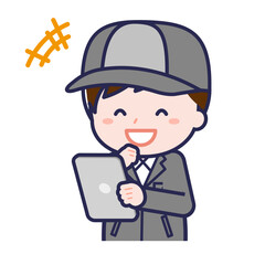 タブレットを使う「工場作業員」の男性