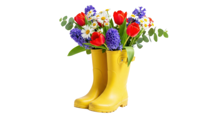 Yellow rain boots filled with red tulips purple hyacinths and white daisies wellington flowers, Isolated On Png Transparent Background