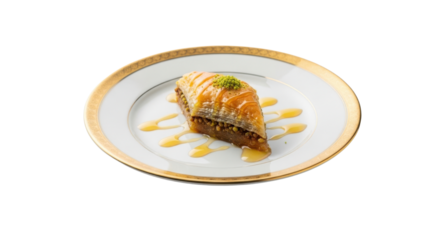 Single piece of golden baklava drizzled with honey on white plate dessert sweet, Isolated On Png Transparent Background
