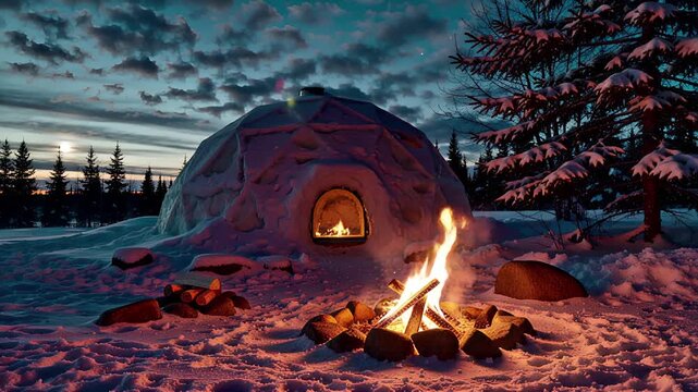 arctic igloo firelight serene winter evening snowy landscape cozy glow | winter, nature, cozy, travel, adventure theme