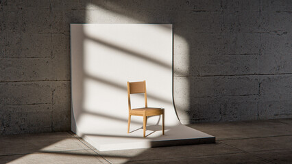 Minimalist 3D studio with wooden chair on curved white backdrop and concrete wall. Ideal for product display, branding mockups, and modern design with dramatic natural shadows.