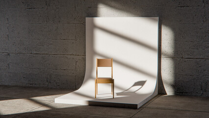 Minimalist 3D studio with wooden chair on curved white backdrop and concrete wall. Ideal for product display, branding mockups, and modern design with dramatic natural shadows.