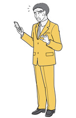 困った表情でスマートフォンを見ているスーツの中年男性・斜め左向き（シンプル）