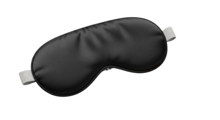 Black sleep mask and two orange earplugs on black background image, Isolated On Png Transparent Background