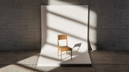 Minimalist 3D studio with wooden chair on curved white backdrop and concrete wall. Ideal for product display, branding mockups, and modern design with dramatic natural shadows.