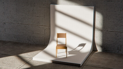 Minimalist 3D studio with wooden chair on curved white backdrop and concrete wall. Ideal for product display, branding mockups, and modern design with dramatic natural shadows.