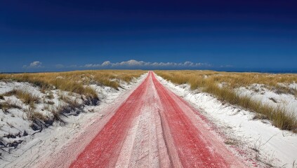 Fototapeta premium Red painted path leads through sandy dunes under a clear blue sky.