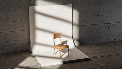 Minimalist 3D studio with wooden chair on curved white backdrop and concrete wall. Ideal for product display, branding mockups, and modern design with dramatic natural shadows.