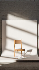 Minimalist 3D studio with wooden chair on curved white backdrop and concrete wall. Ideal for product display, branding mockups, and modern design with dramatic natural shadows.