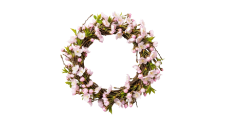 Delicate pink cherry blossom wreath on black background flower floral, Isolated On Png Transparent Background
