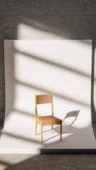 Minimalist 3D studio with wooden chair on curved white backdrop and concrete wall. Ideal for product display, branding mockups, and modern design with dramatic natural shadows.