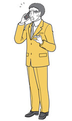 困った表情で電話しているスーツの中年男性（シンプル）