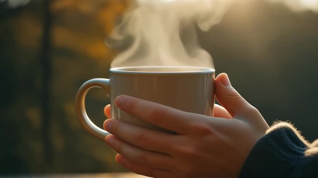 Hands holding a steaming mug of hot coffee or tea in warm morning light outdoors.