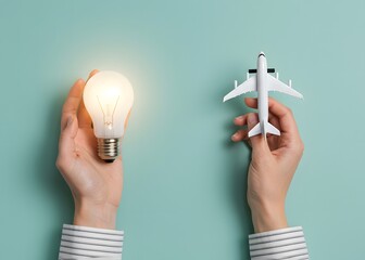 Light bulb idea and airline passenger plane concept. Innovative ideas in aviation. Efficient flight planning and business strategies in the travel industry. New travel solutions. Airline improvements.