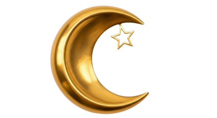 Golden crescent moon with star symbol isolated on black background image, Isolated On Png Transparent Background