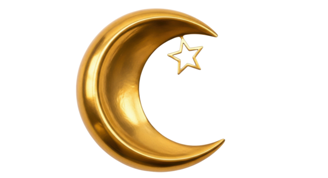 Golden crescent moon with star symbol isolated on black background image, Isolated On Png Transparent Background - Powered by Adobe