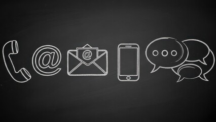 Diverse contact information methods represented in chalk drawing on dark surface