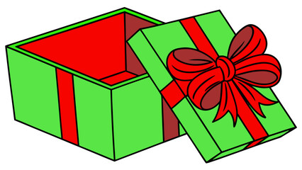Open Gift Box Green Red Ribbon Present Bow Isolated background