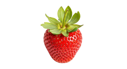 Single ripe red strawberry with green leaves on black background fruit food, Isolated On Png Transparent Background