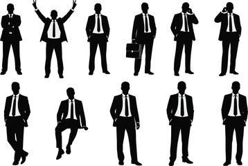 Black Silhouette Set of Businessman in Suit and Tie Standing Poses Corporate Executive Male Manager Vector Illustration for Business Designs
