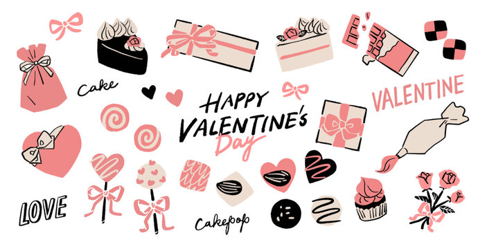 ゆるい手描き風のバレンタインのお菓子、ギフト、手書き文字などのベクターイラスト素材セット A vector illustration set featuring loose, hand-drawn style Valentine's sweets, gifts, and handwritten text.