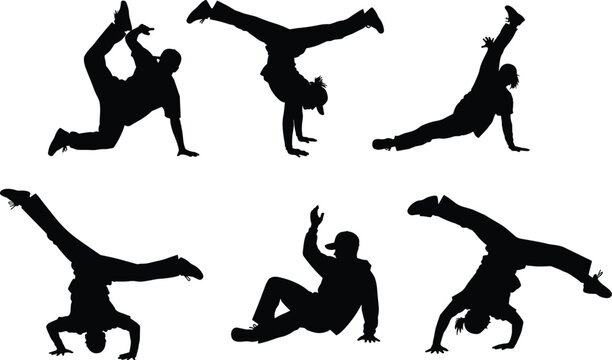 Black Silhouette Set of Breakdancers Hip Hop B-Boys Performing Dynamic Floorwork and Acrobatics Poses for Dance and Street Culture Vector Illustration